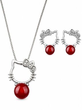 Hello Kitty Silver-Tone Necklace and Earrings with Red Accents